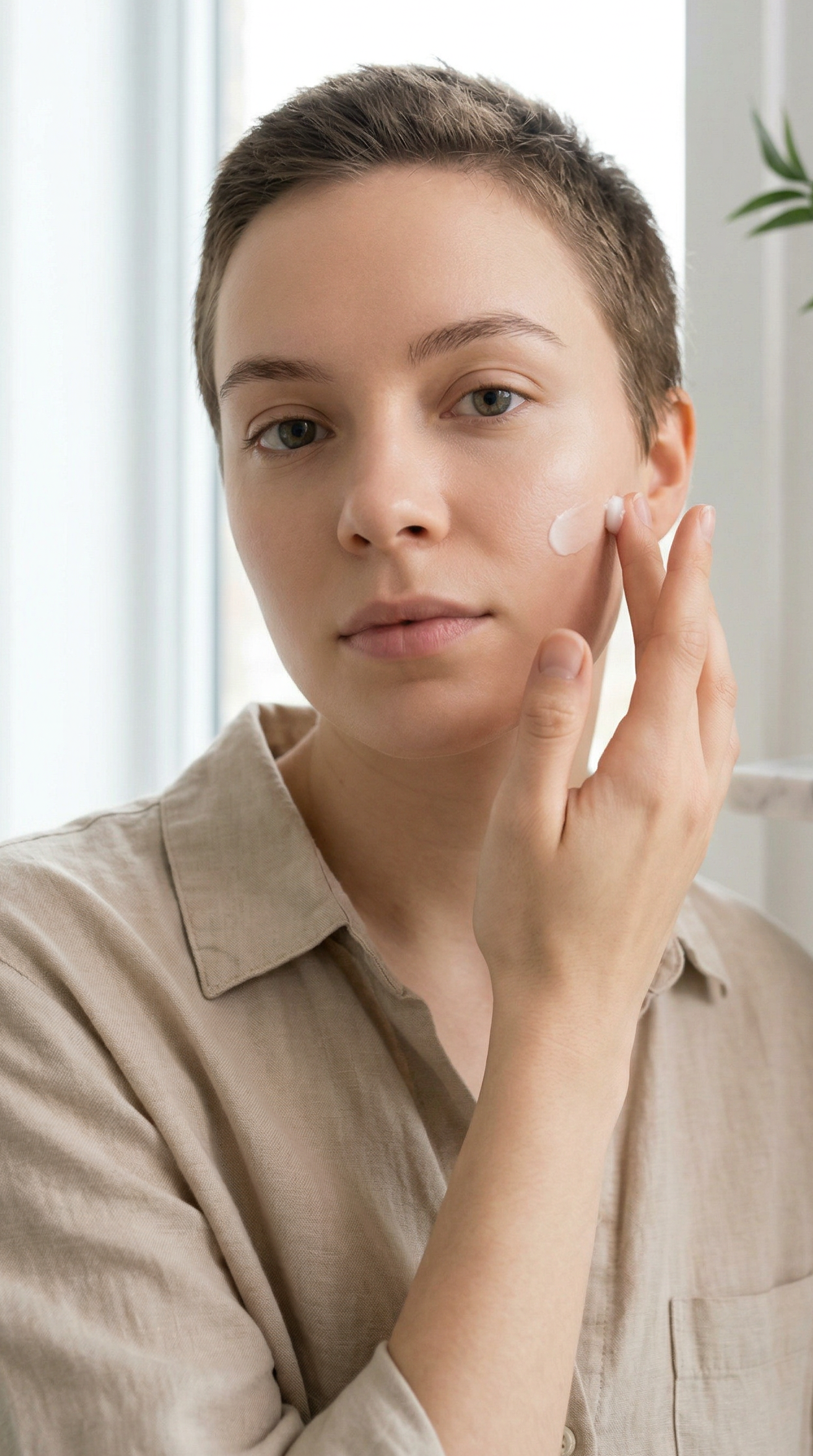 Femme blanche aux cheveux court qui se passe de la crème sur le visage