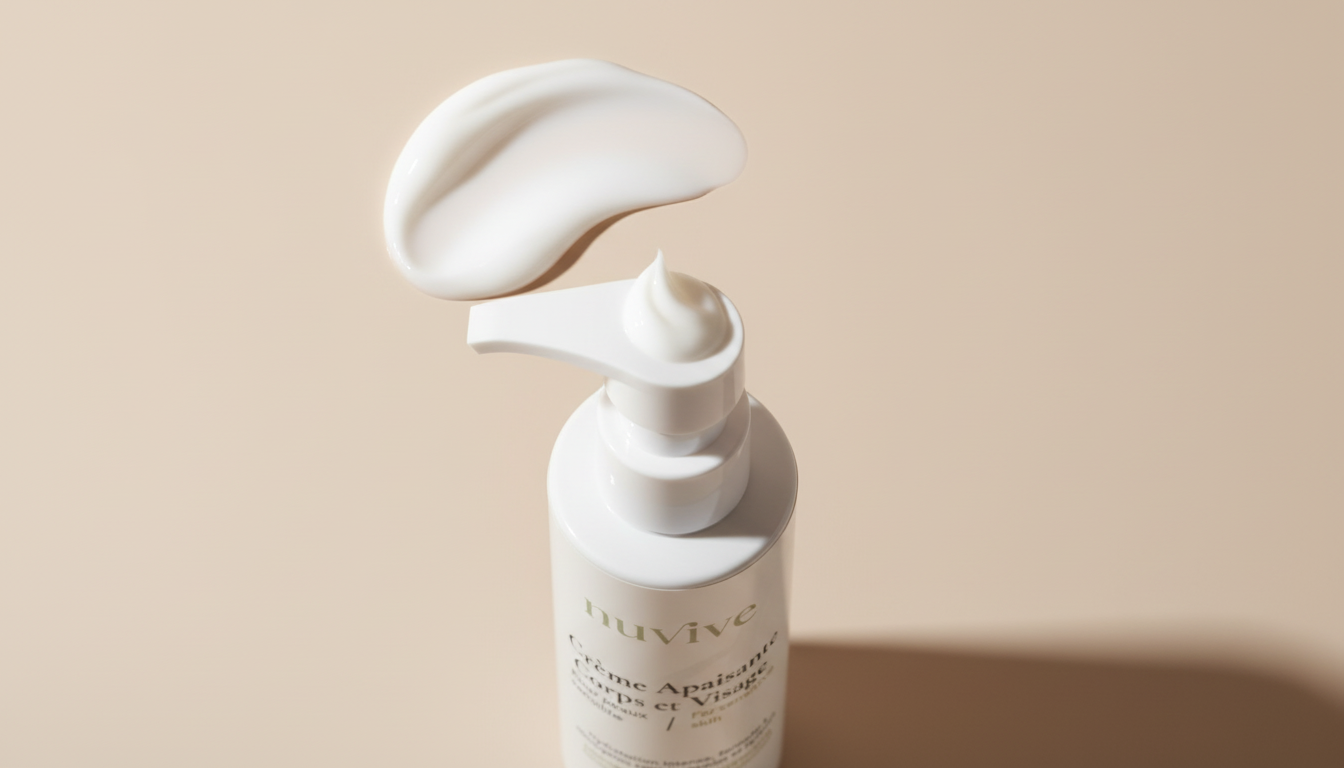 Crème apaisante Nuvive pour peaux sensibles – flacon pompe avec texture crème onctueuse, hydratation intense et absorption rapide pour visage et corps. Image